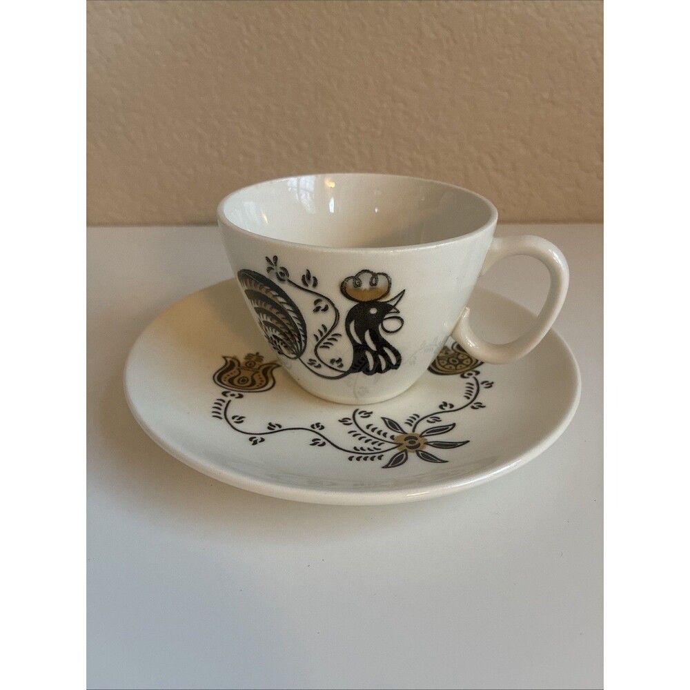 Good Morning By Royal China Rooster Cup and Saucer Made In USA Set of 3